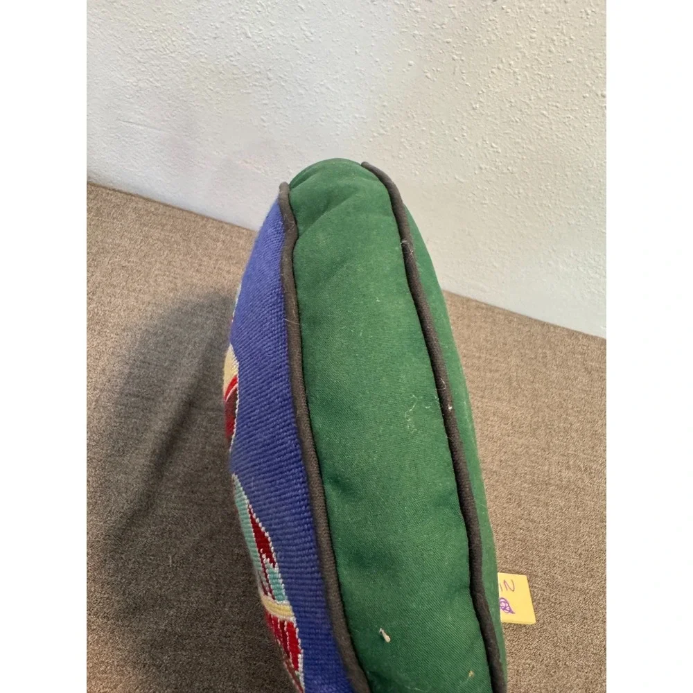 Vintage Needlepoint Throw Pillow Handmade Snake Graphic Multicolor Wool Round